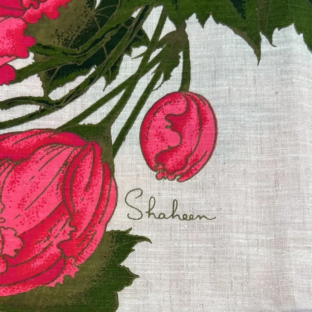 Vintage Alfred Shaheen 2 Panels Linen Fabric Pink Floral Hand Printed 52" x 44" - Picture 4 of 4